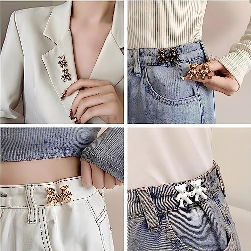Giftock Adjustable Cute Bear Button Pins Buckle for Loose Jeans, Metal Pins Pearl Detachable Instant Button Pins, Set for Pants, Jeans, Skirts, Sleeves Tightener for Skirt Pants (Pack of 1, Silver)