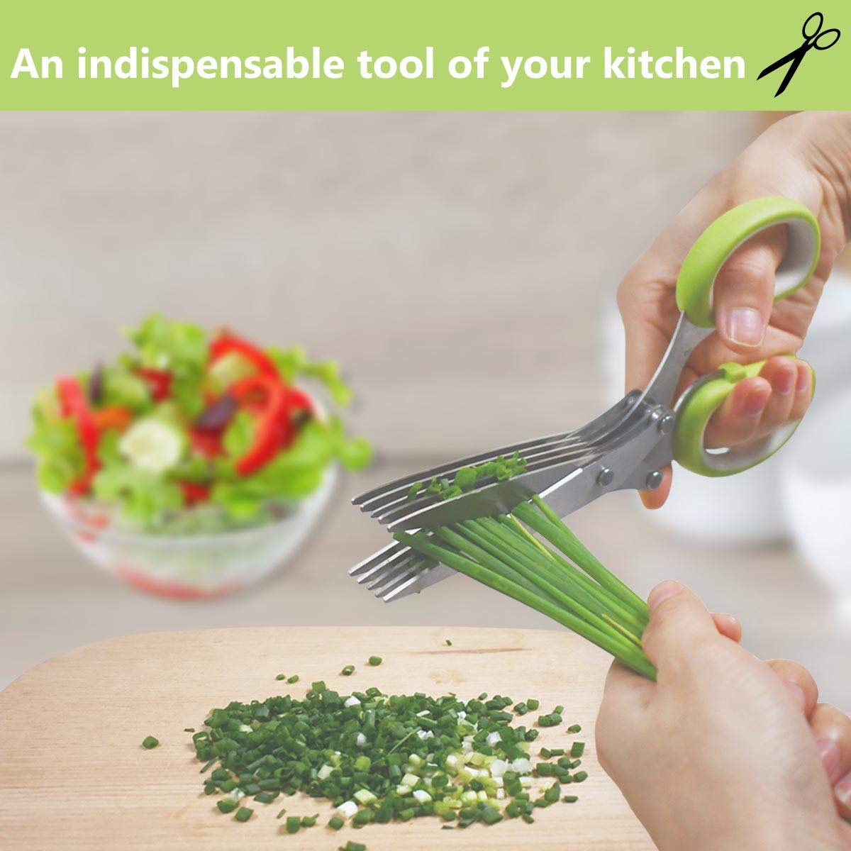 Giftock Herb Cutter Scissors 5 Blade Scissors Kitchen Multipurpose Cutting Shear with 5 Stainless Steel Blades & Safety Cover & Cleaning Comb Cilantro Scissors Sharp Shredding Shears Herb Scissors Set (Green