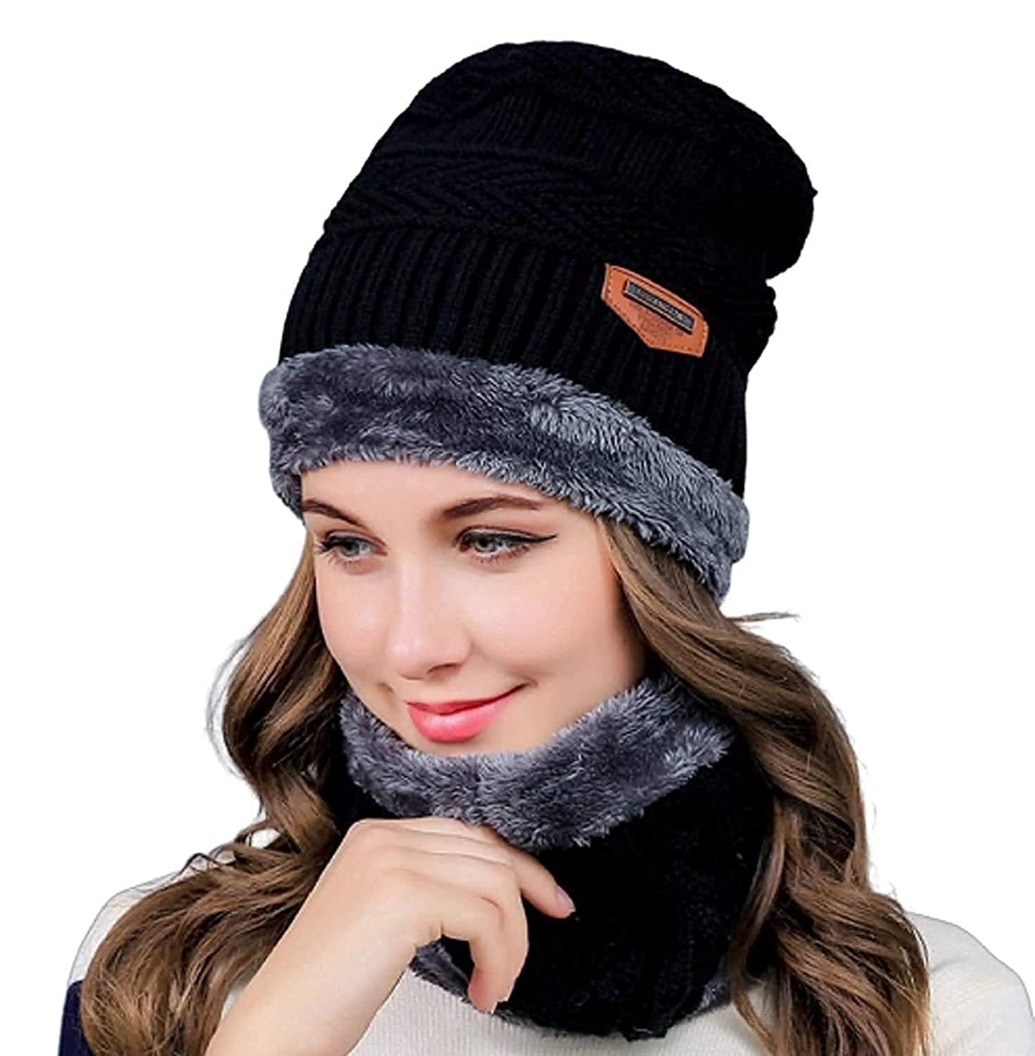 Giftock Wool Beanie Cap & Muffler for Mens & Women  Winter Cap for Men  Mens Woolen Cap with Neck Muffler  Winter Muffler for Women  Soft Woolen Muffler & Cap for Men & Women Black