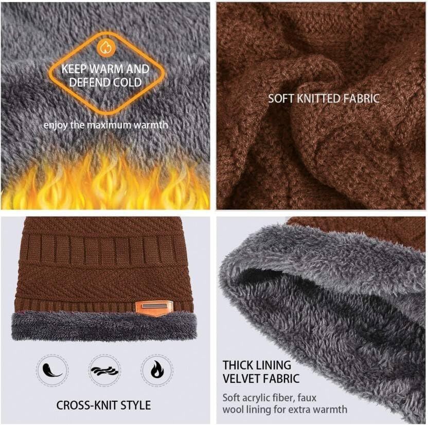 Giftock Wool Beanie Cap & Muffler for Mens & Women  Winter Cap for Men  Mens Woolen Cap with Neck Muffler  Winter Muffler for Women  Soft Woolen Muffler & Cap for Men & Women Black