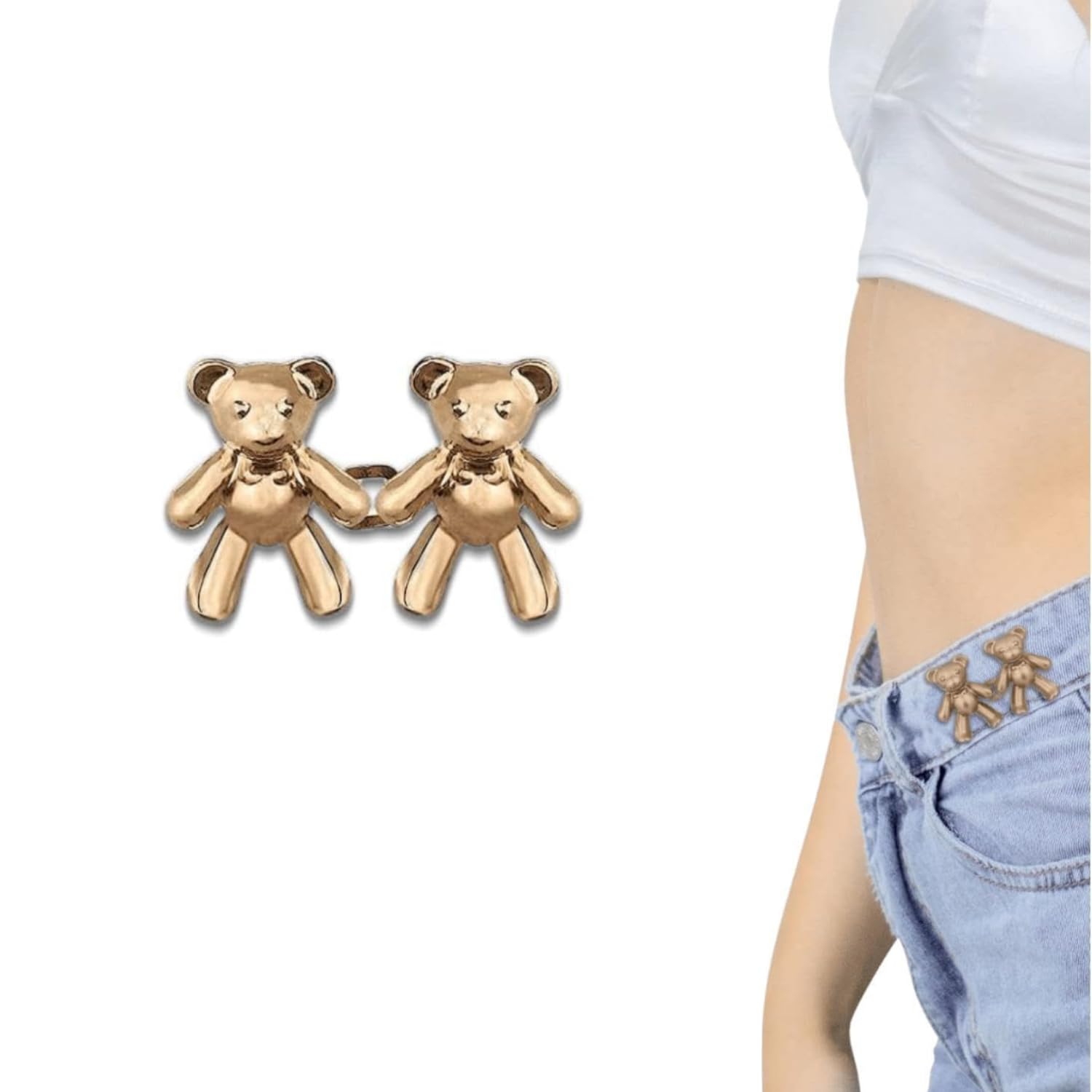 Giftock Adjustable Cute Bear Button Pins Buckle for Loose Jeans, Metal Pins Pearl Detachable Instant Button Pins, Set for Pants, Jeans, Skirts, Sleeves Tightener for Skirt Pants (Pack of 1, Silver)