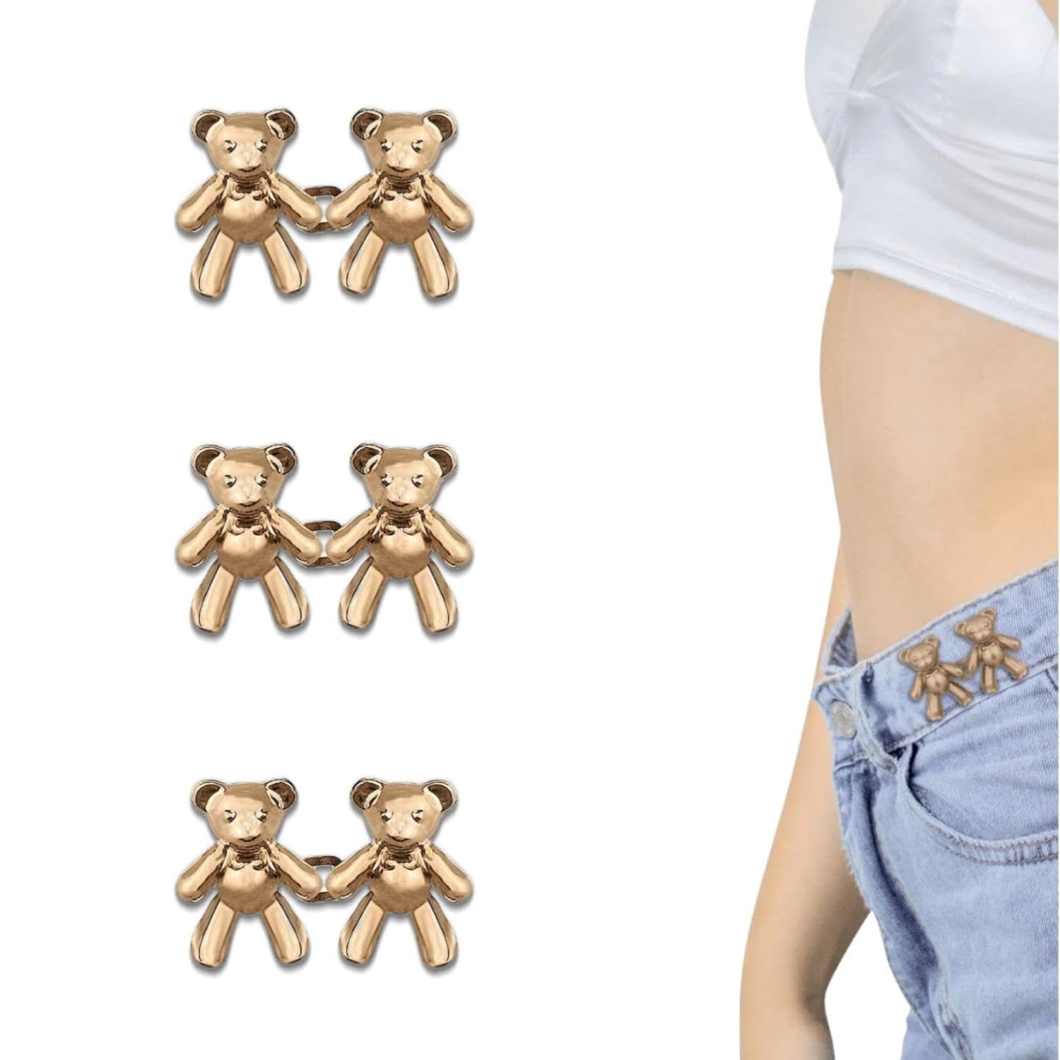 Giftock Adjustable Cute Bear Button Pins Buckle for Loose Jeans, Metal Pins Pearl Detachable Instant Button Pins, Set for Pants, Jeans, Skirts, Sleeves Tightener for Skirt Pants (Pack of 1, Silver)