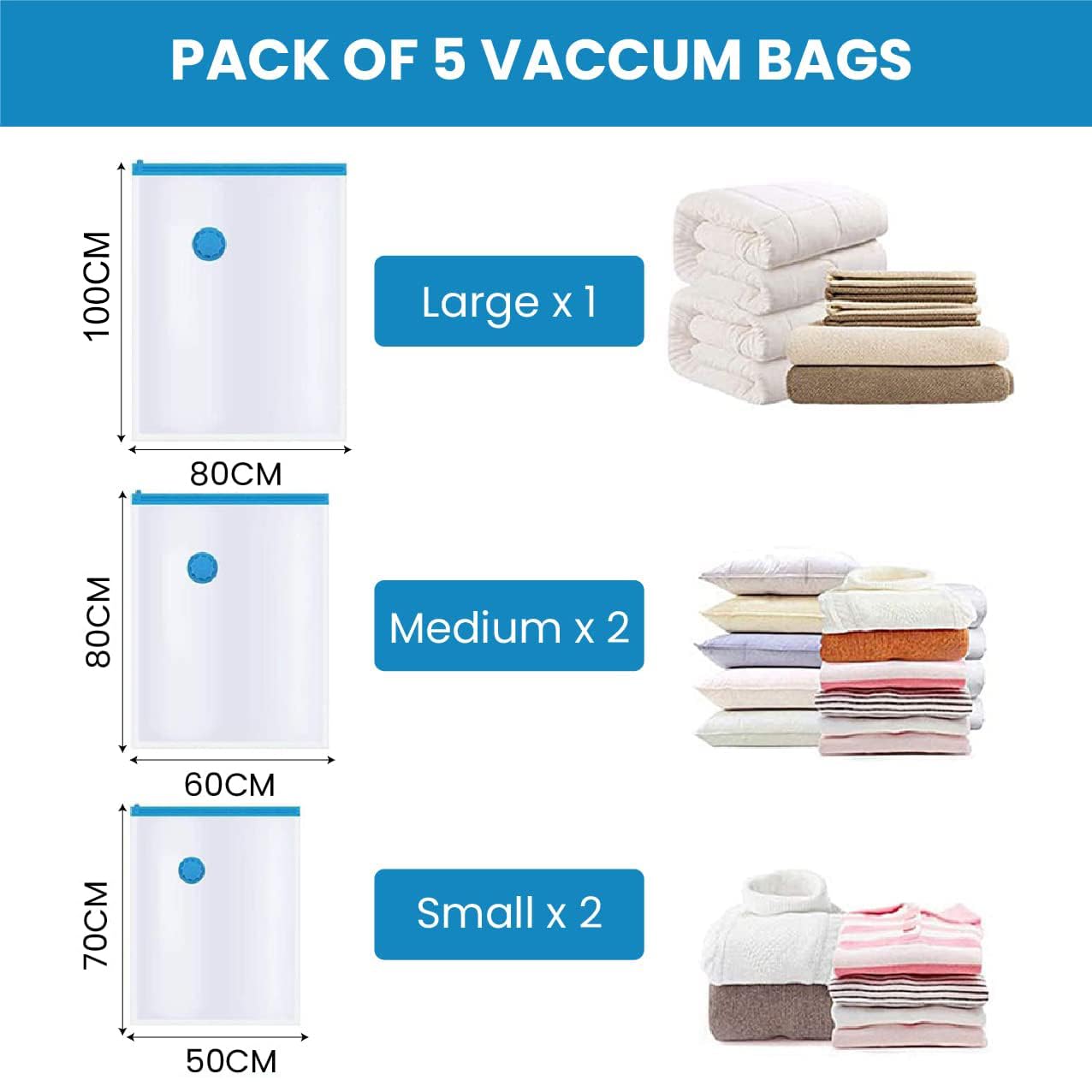 Giftock Space Saving Reusable Vacuum Storage Ziplock Compression Sealer Bags for Travel clothes and home Blankets, Quilts with hand Pump - (Standard Pack of 5 (2 Small + 2 Medium + 1 Large, Plastic)