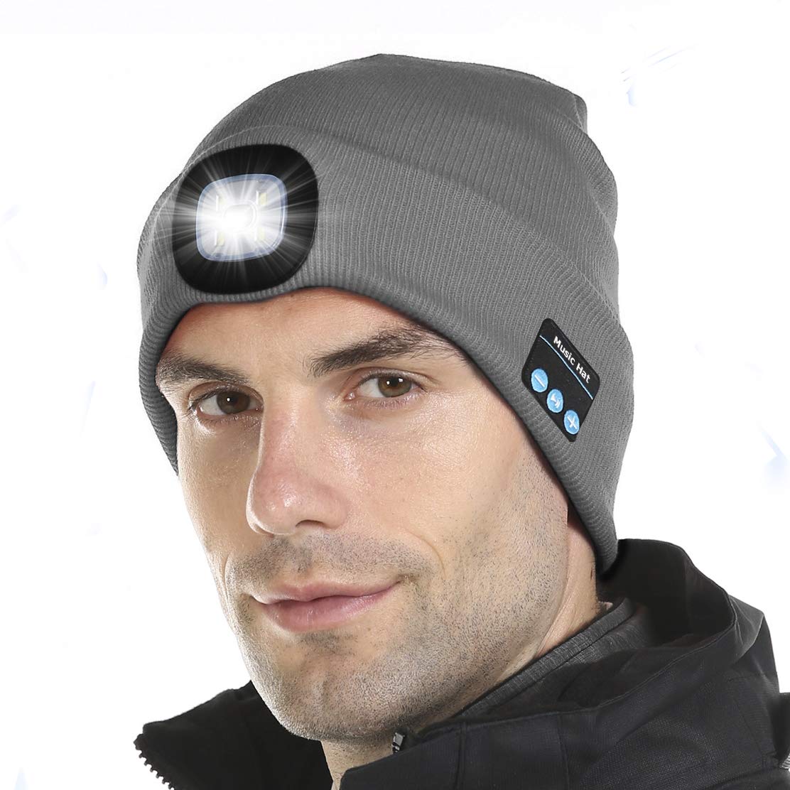 Giftock Bluetooth Beanie Hat with Light, Unisex LED Cap with Headphones Built-in Stereo Speakers & Mic, Tech Gift for Men Women Dad