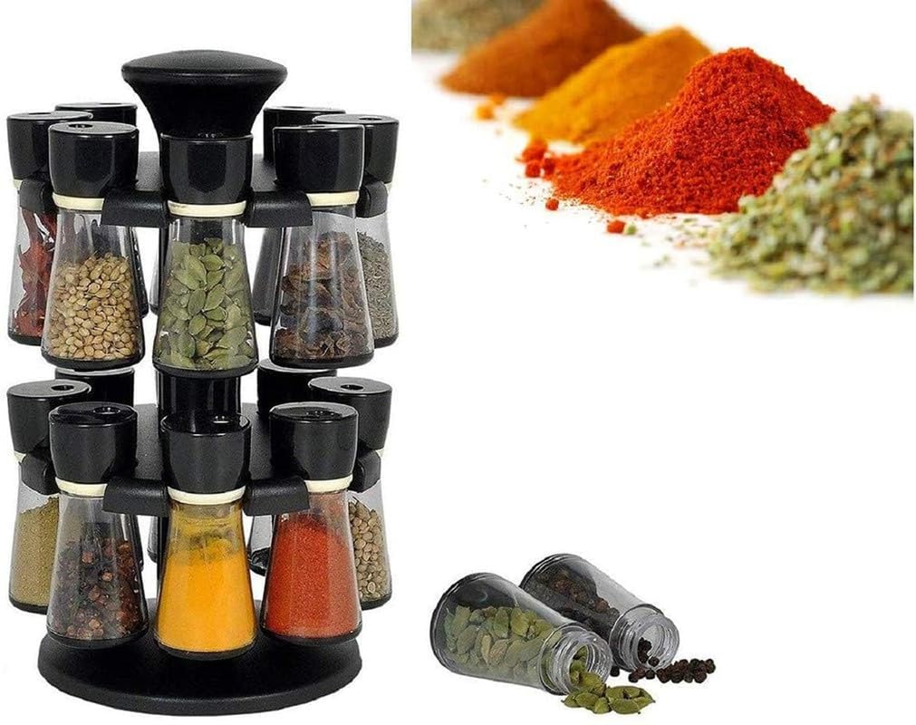 Giftock Multipurpose Revolving/Rotating Spice Rack For kitchen Plastic Made set of 16 for spice/salt masala container Rack with Holder and lid 16 pcs Black suitable for daining table