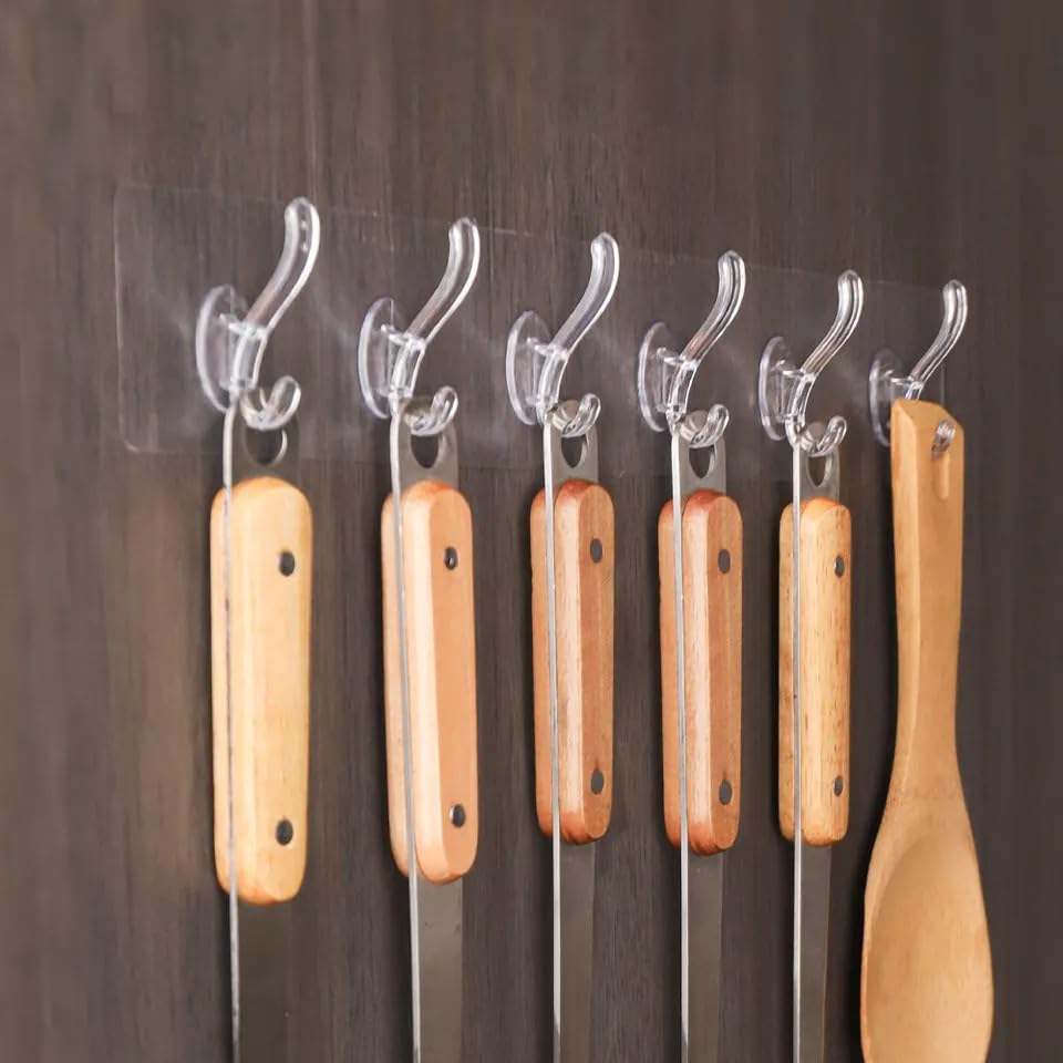 Giftock 3 Pcs 6 Rows Multifunctional Transparent Sticky Hook Set Adhesive Sticker Hanger in Kitchen Bathroom Oilproof Home Wall Hanging Waterproof Seamless Invisible Strong Self Adhesive Wall Mounted - 3 Set