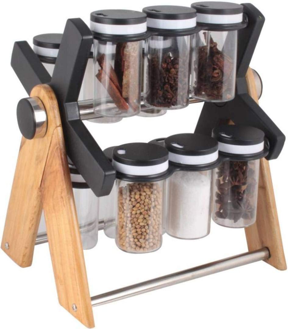Giftock LEEZO Multipurpose Plastic & Wooden Wheel Spice Rack 12 Jar, 130 ml Wooden Spice Container for Kitchen Spice Containers for Storage