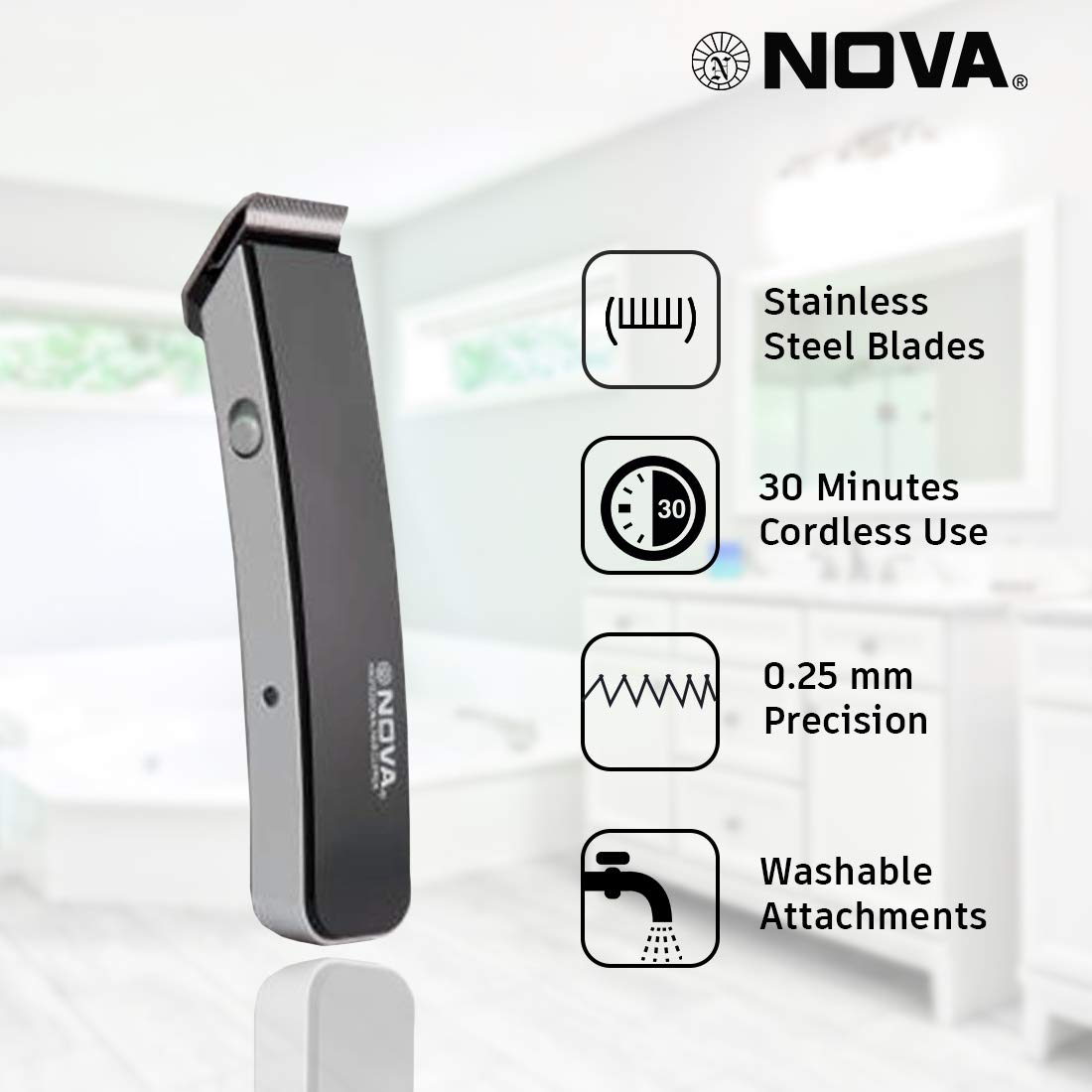 Nova NHT-1045 Rechargeable Cordless: 30 Minutes Runtime Beard Trimmer for Men