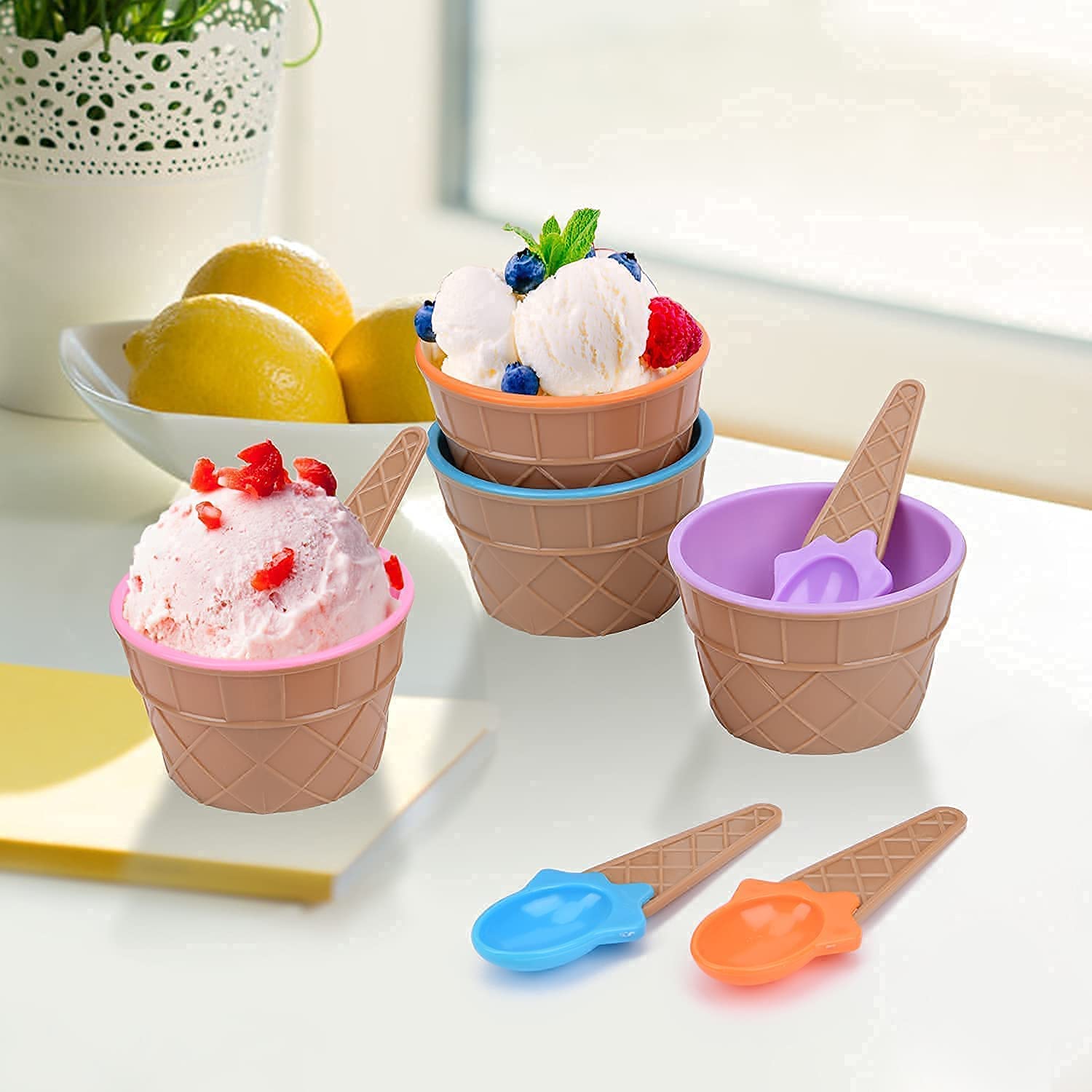 Giftock 6 Pieces Ice Cream Bowl Colorful Ice Cream Cup with Spoons-Ice Cream Dessert Bowls Waffle Cup Set Maggie Bowl Salad Cup Fruit Bowl (Multicolour)