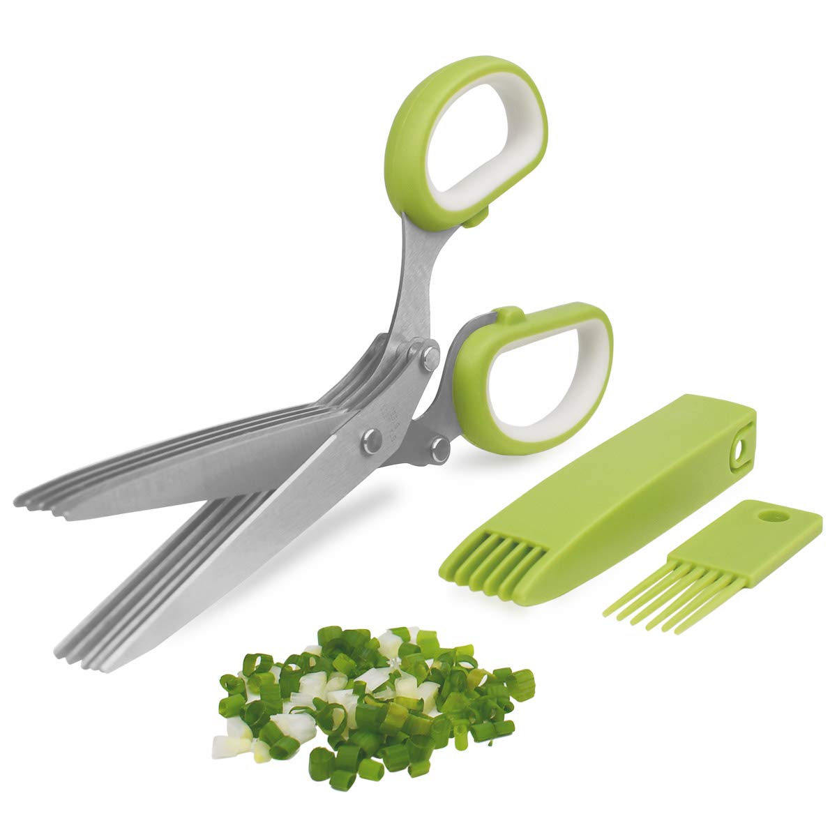 Giftock Herb Cutter Scissors 5 Blade Scissors Kitchen Multipurpose Cutting Shear with 5 Stainless Steel Blades & Safety Cover & Cleaning Comb Cilantro Scissors Sharp Shredding Shears Herb Scissors Set (Green