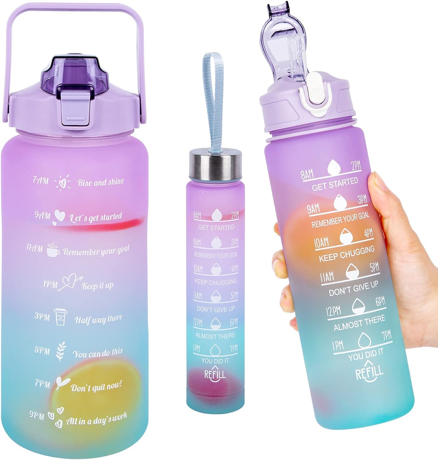 Giftock Motivational Water Bottle Set of 3 With Time & Capacity Marker, Leakproof, BPA-free Straw bottle for Home, Office, School & Gym (2L, 900ml & 280ml, Color- Multicolor)