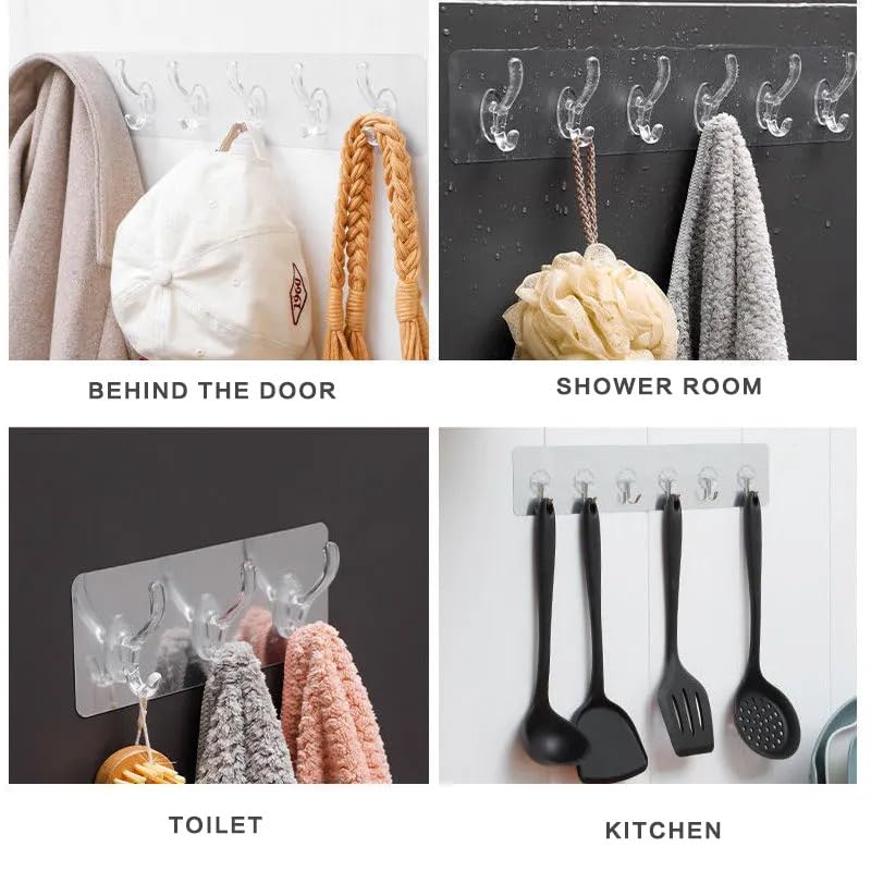 Giftock 3 Pcs 6 Rows Multifunctional Transparent Sticky Hook Set Adhesive Sticker Hanger in Kitchen Bathroom Oilproof Home Wall Hanging Waterproof Seamless Invisible Strong Self Adhesive Wall Mounted - 3 Set
