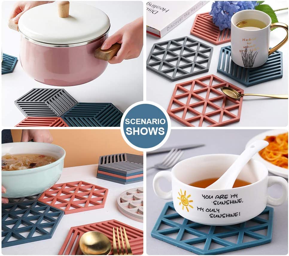 Giftock Silicone Trivets 6 Pcs 6.33 5.5 in Non-Slip Heat Resistant Hot Pots and Pans Holder, Expandable Hexagon Mats for Kitchen Cooking Counter