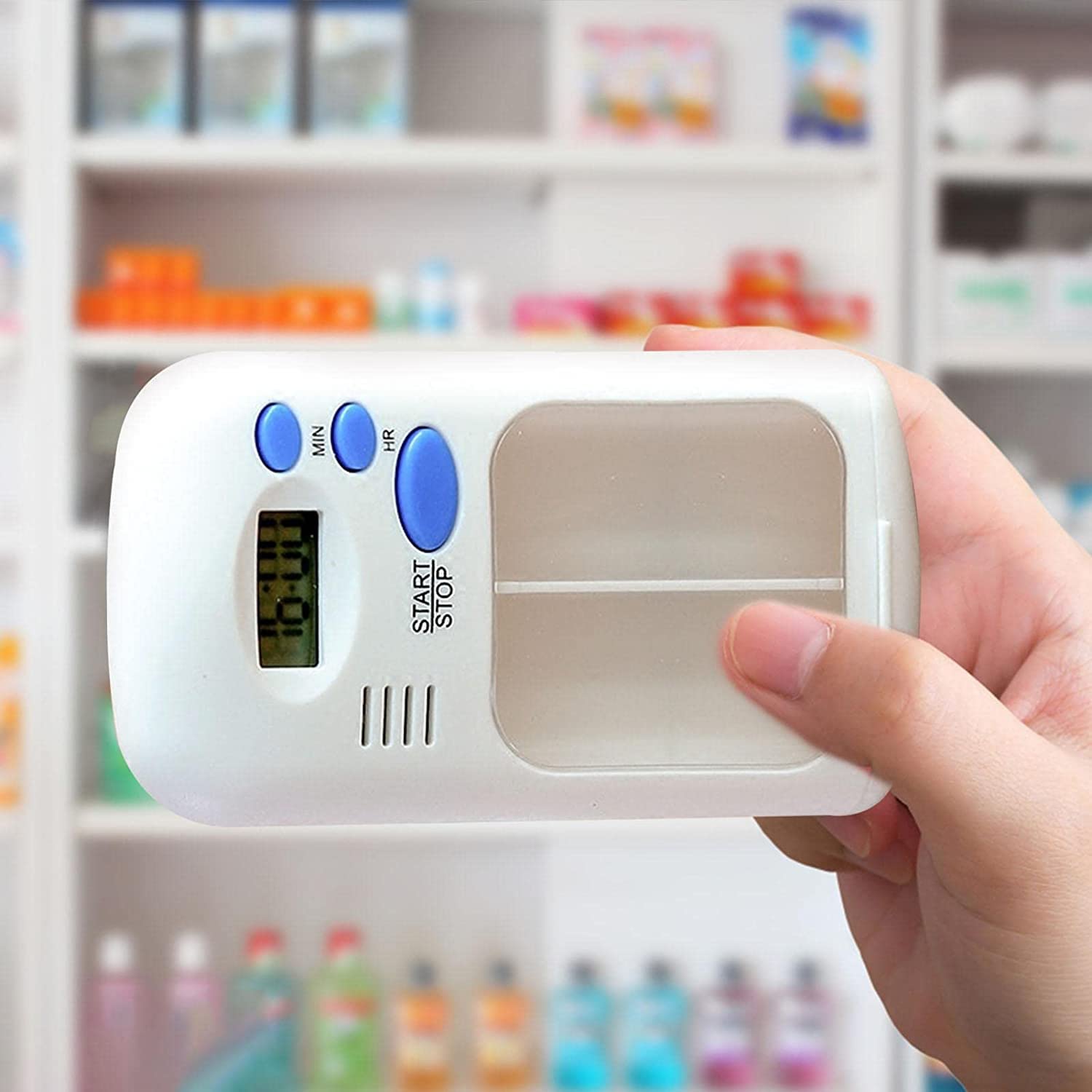 Giftock travel Pill Dispenser Case, Pill Reminder Medicine Dispenser Two Slot Pill Box with Alarm with 0.7 Inches LCD Transparent Card Buckle Holder for Elders, White color, 1Pcs