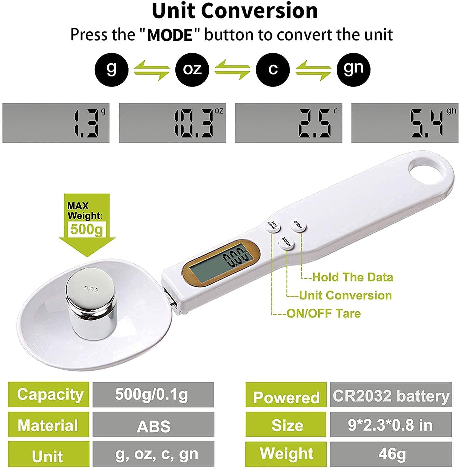 Giftock Measuring Spoons Electronic Kitchen Digital Food Spoon Scales Accurate Weighing Teaspoon Scale in Grams Oz with LCD Display for Baking Cooking Cake Coffee Flour Medicine 500g/0.1g