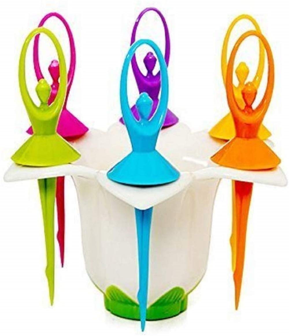 Giftock Plastic Dancing Doll Fruit Fork Set of 6 with Stand for Kids and Adults (Multicolor)