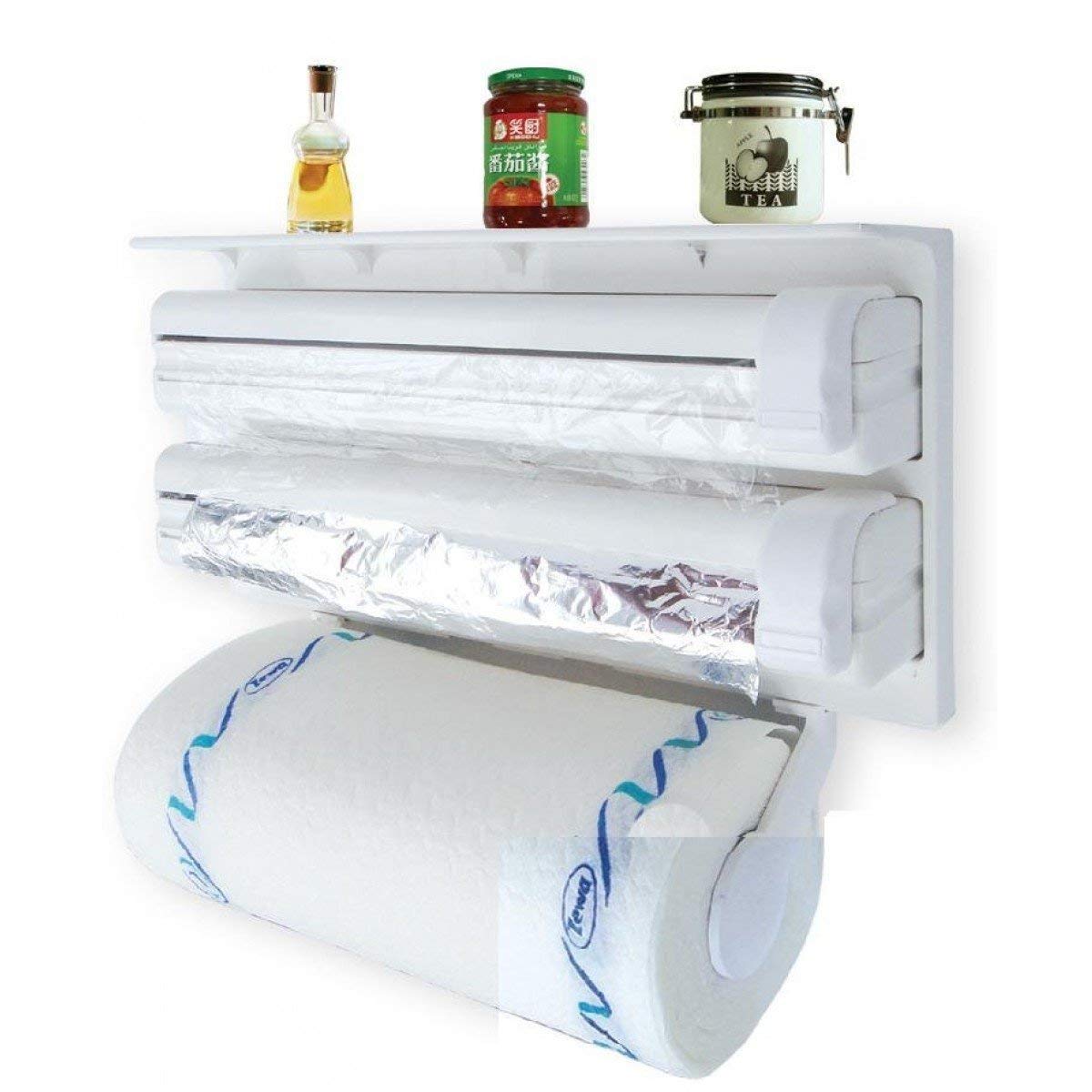 Giftock Triple Paper Roll Dispenser Foil Cling Film Tissue Paper Roll Holder Tissue Holder Wall Mounted Plastic Stand Paper/Foil/Cling Wrap Kitchen Stand