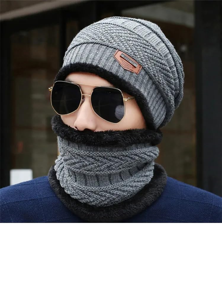 Giftock Wool Beanie Cap & Muffler for Mens & Women  Winter Cap for Men  Mens Woolen Cap with Neck Muffler  Winter Muffler for Women  Soft Woolen Muffler & Cap for Men & Women Black