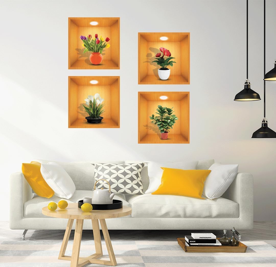 Giftock 3D Flower Wall Sticker - 4 Pcs New Creative Simulation Green Plant Pot Stickers, Self Adhesive Waterproof Wall Paper Decorative Stickers
