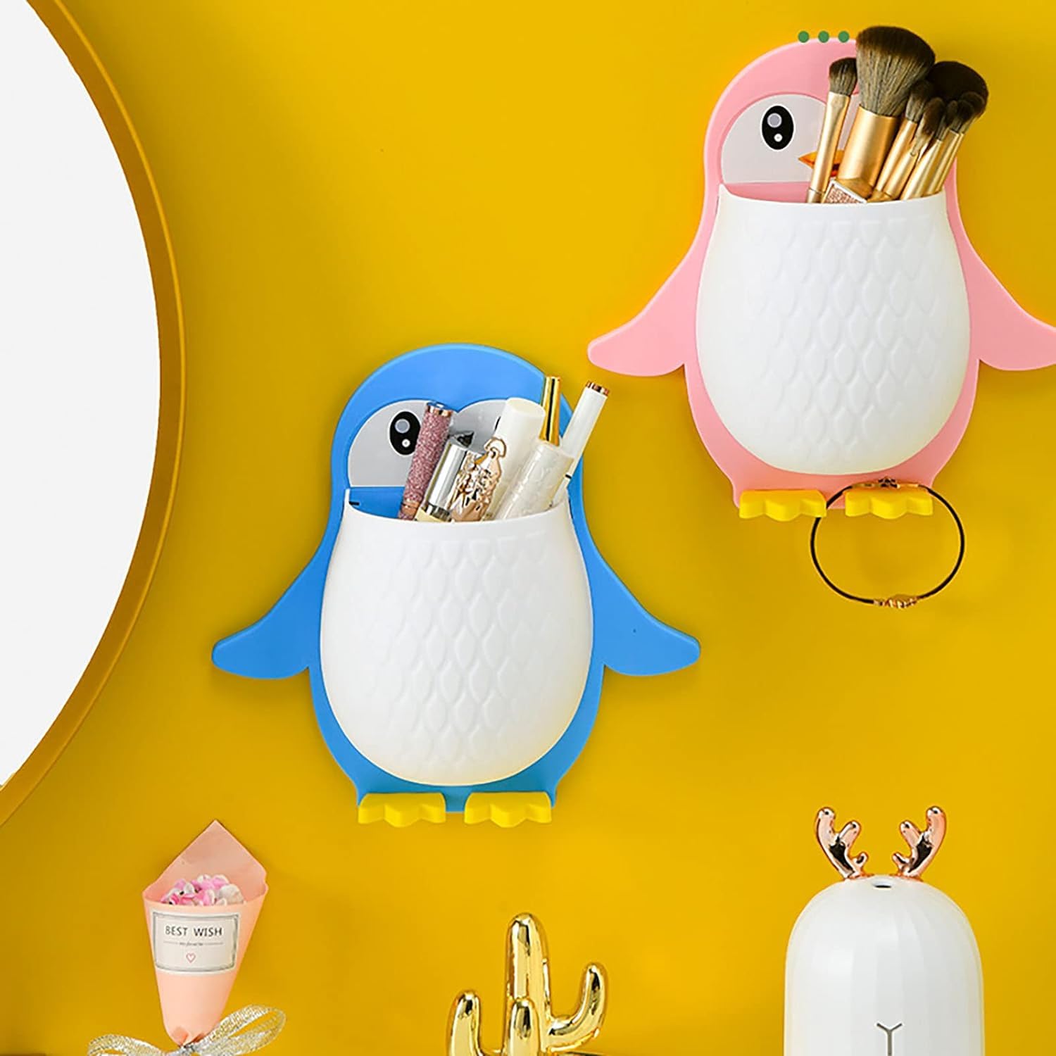 Giftock Toothbrush Holder Storage Organizer for Bathroom Wall Mounted Penguin Shape with Self Adhesive Stick Multipurpose Wall Shelves Plastic (1)