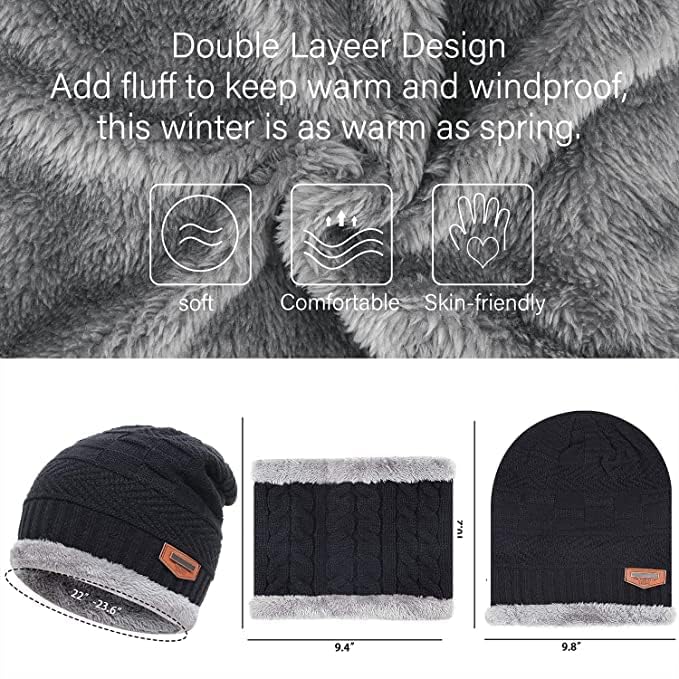 Giftock Wool Beanie Cap & Muffler for Mens & Women  Winter Cap for Men  Mens Woolen Cap with Neck Muffler  Winter Muffler for Women  Soft Woolen Muffler & Cap for Men & Women Black