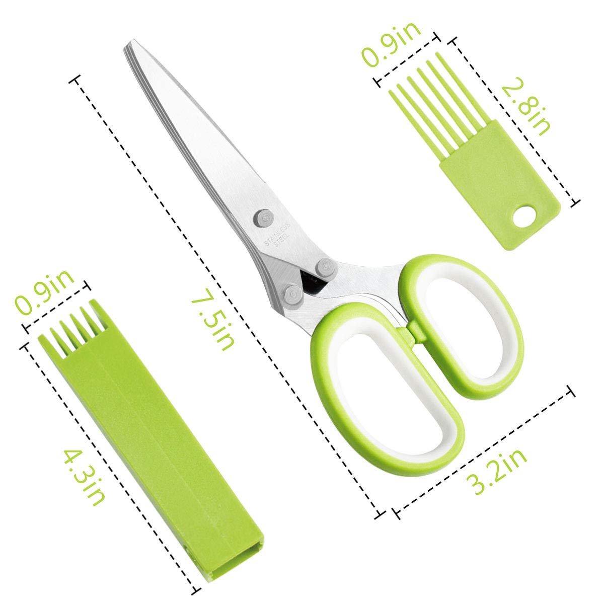 Giftock Herb Cutter Scissors 5 Blade Scissors Kitchen Multipurpose Cutting Shear with 5 Stainless Steel Blades & Safety Cover & Cleaning Comb Cilantro Scissors Sharp Shredding Shears Herb Scissors Set (Green