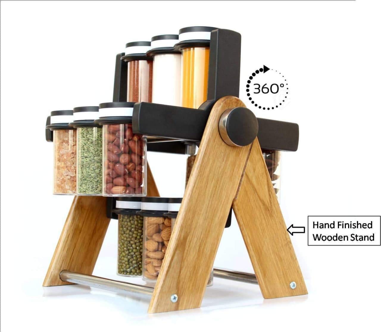 Giftock LEEZO Multipurpose Plastic & Wooden Wheel Spice Rack 12 Jar, 130 ml Wooden Spice Container for Kitchen Spice Containers for Storage