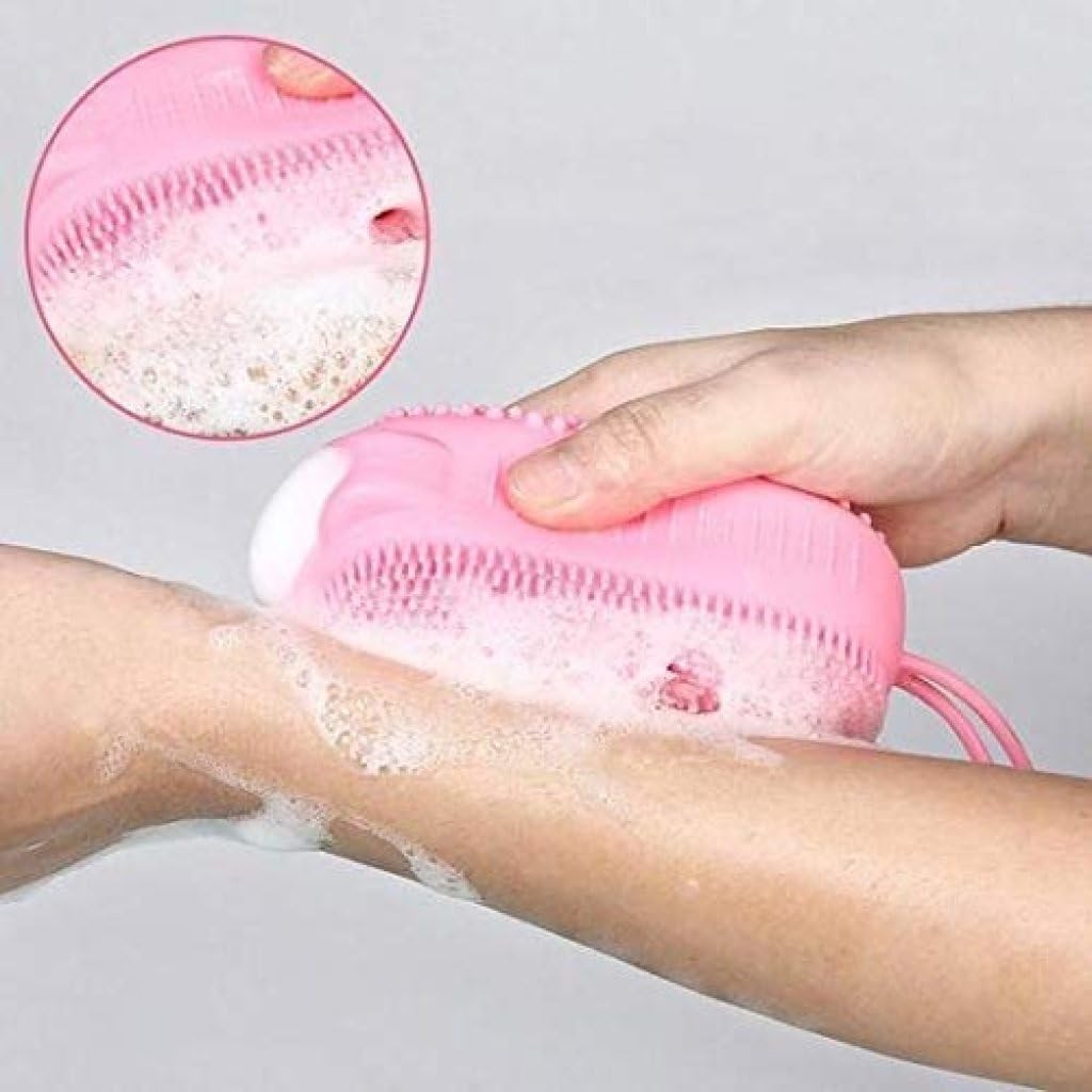 Giftock Bath Body Brush Silicone body scrubber Soft Bath Body Brush with Shampoo Dispenser - Skin Massage shower brush for men women kids unisex (Multicolor) (Pack of 1)