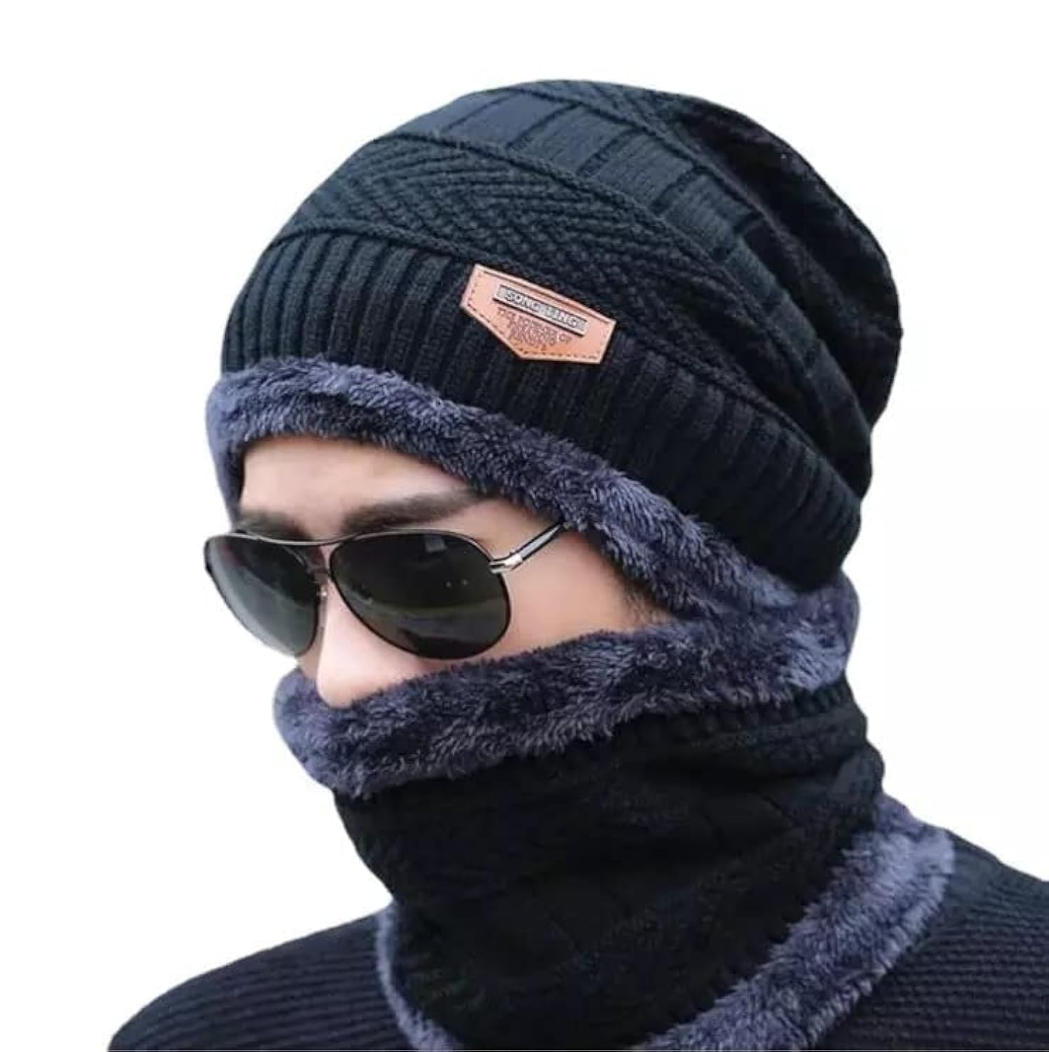 Giftock Wool Beanie Cap & Muffler for Mens & Women  Winter Cap for Men  Mens Woolen Cap with Neck Muffler  Winter Muffler for Women  Soft Woolen Muffler & Cap for Men & Women Black