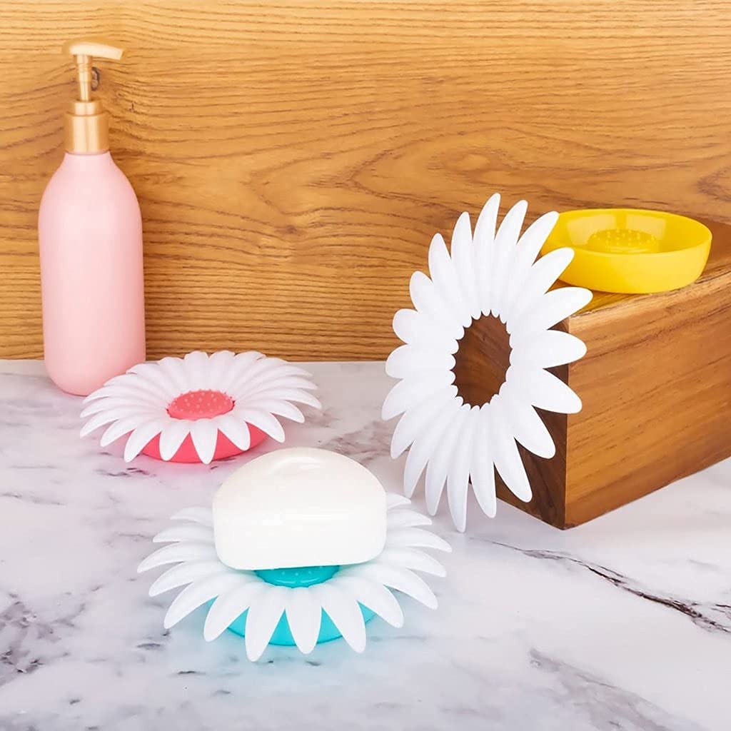Giftock Flower Shape Portable Soap Dish Holder Soap Case with Liquid Drain Plate for Bathroom and Kitchen Set of 3(Flower Soap Dish Holder)