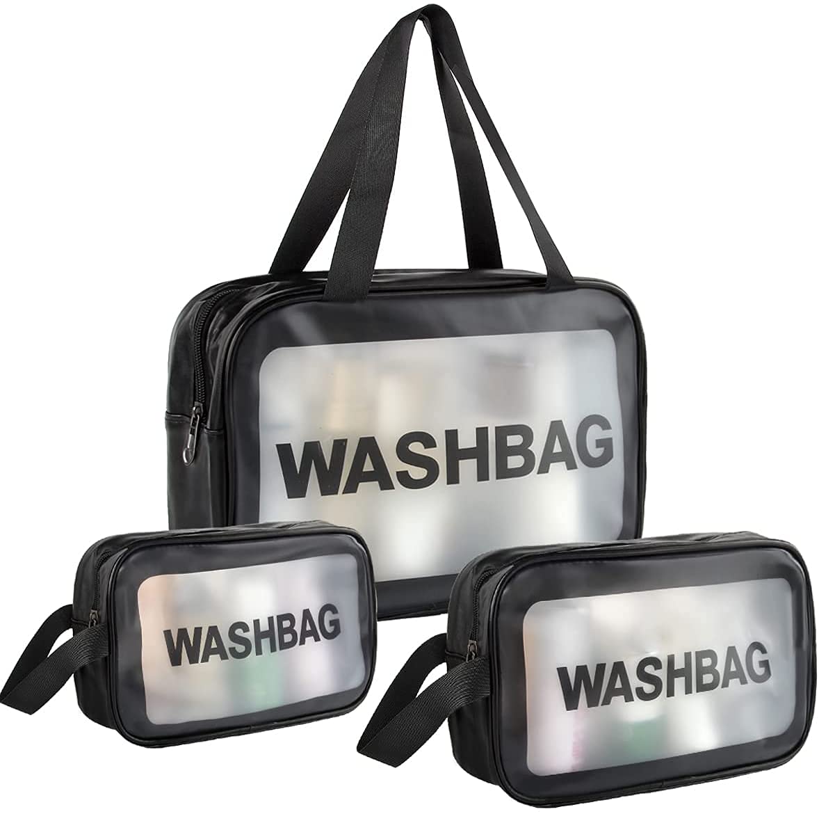 Giftock Clear Toiletry Bag, Wash Make Up Bag PVC Waterproof Zippered Cosmetic Bag, Portable Carry Pouch for Women Men (Set of 3 Bag Black)