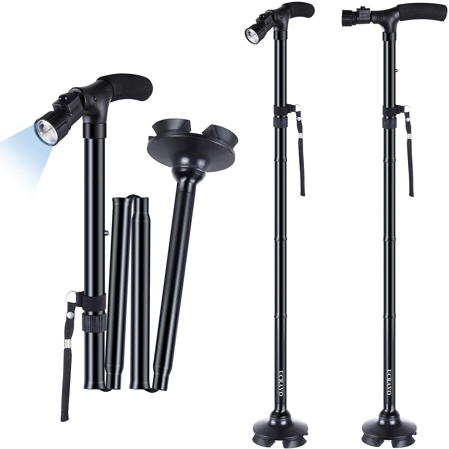 Giftock Folding Cane with Led Light- Non-Slip Grip Handle for Men & Women,Collapsible Walking Stick,Adjustable Walking Cane Base for Hiking Camping Black