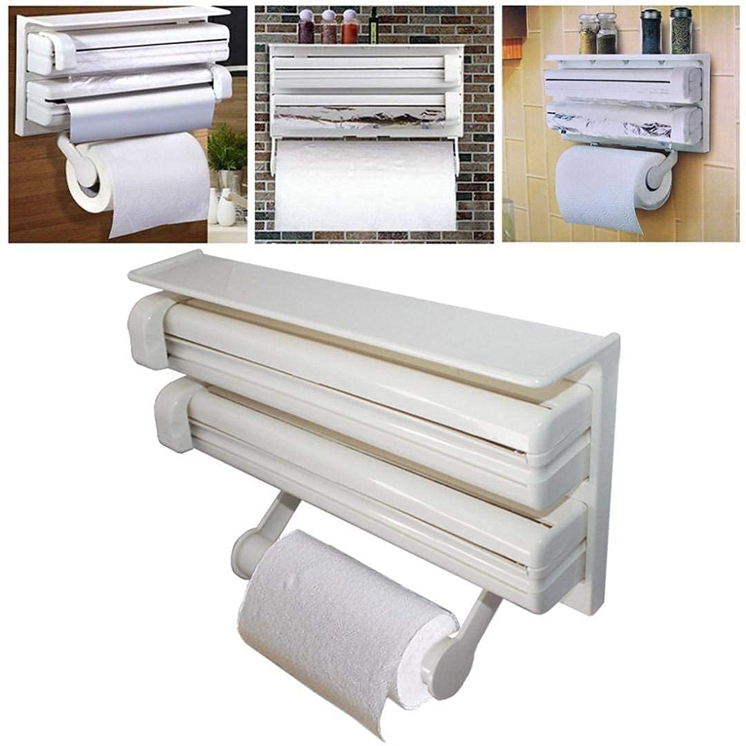 Giftock Triple Paper Roll Dispenser Foil Cling Film Tissue Paper Roll Holder Tissue Holder Wall Mounted Plastic Stand Paper/Foil/Cling Wrap Kitchen Stand