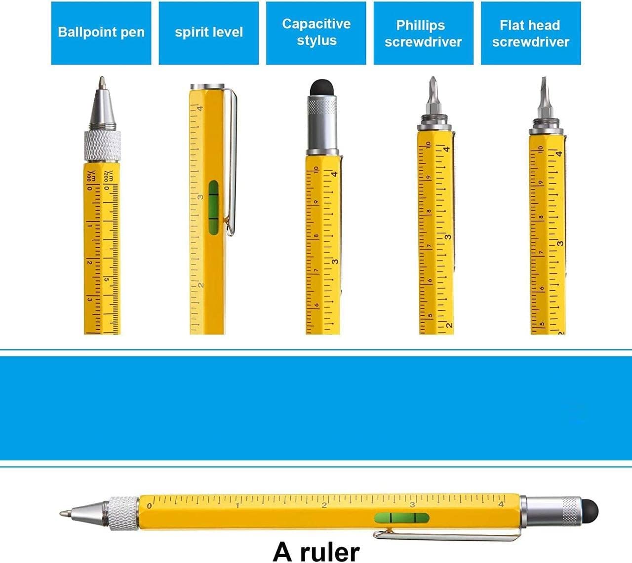 Giftock 6 in 1 Multipurpose Tool Pen | Pocket Pen with Touch Screen Ruler Level | Multi Head Screwdriver Pen (Pack of 1,Multicolor)