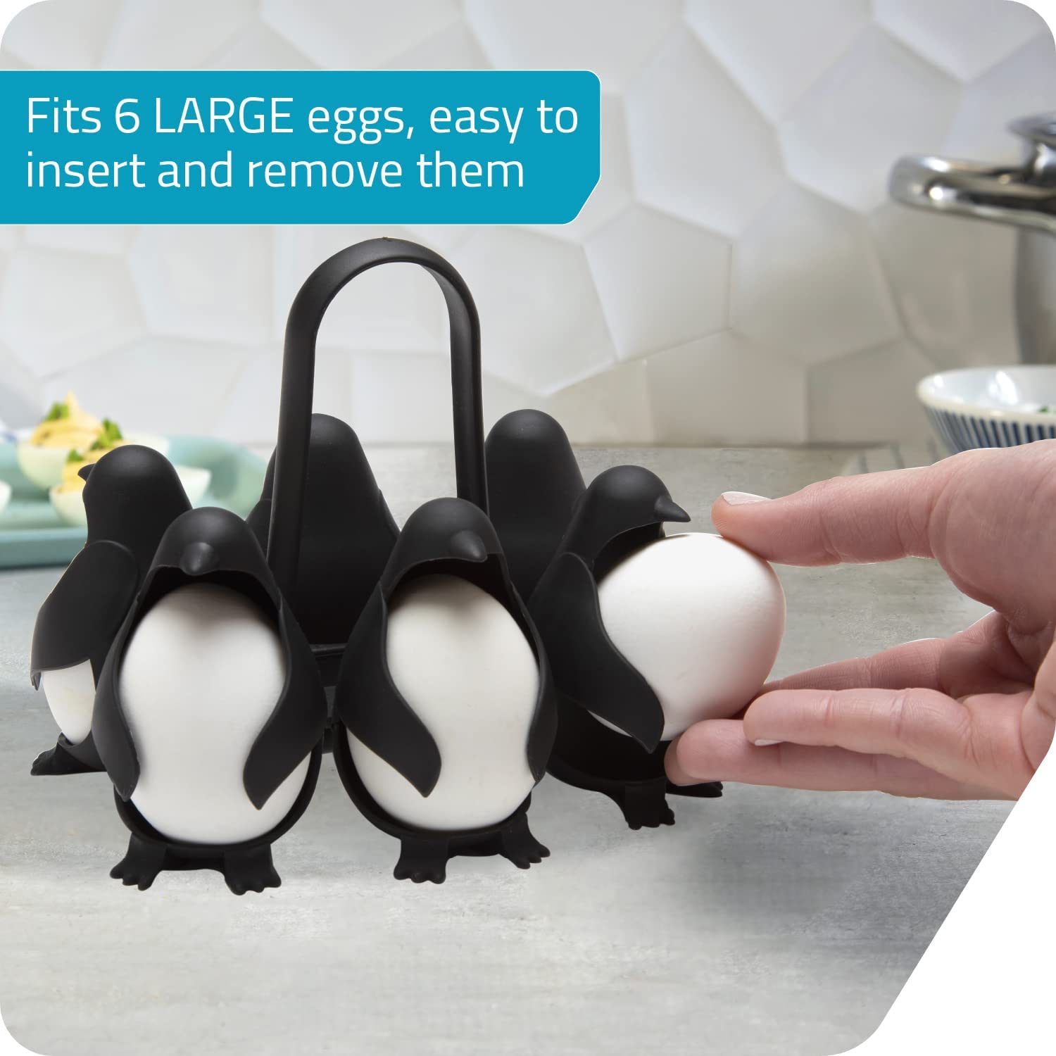 Giftock  Plastic Penguin Shaped Egg Uins 3-in-1 Solution for Cooking, Storing, and Serving Eggs Make Soft or Boiled Eggs with Ease, Holds 6 Eggs, which Ideal for Convenient Cooking & Fridge Storage Black