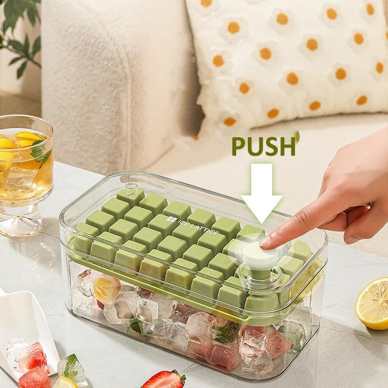 Giftock 2 Layer Ice Cube Tray with Lid & Bin, Square Ice Cubes Molds with Ice Scoop, One Tap Easy Release & Save Space, Bpa Free Ice Cube Storage Container 64 Ice Cubes