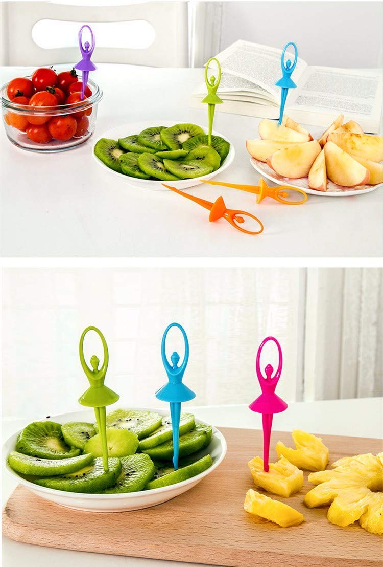 Giftock Plastic Dancing Doll Fruit Fork Set of 6 with Stand for Kids and Adults (Multicolor)