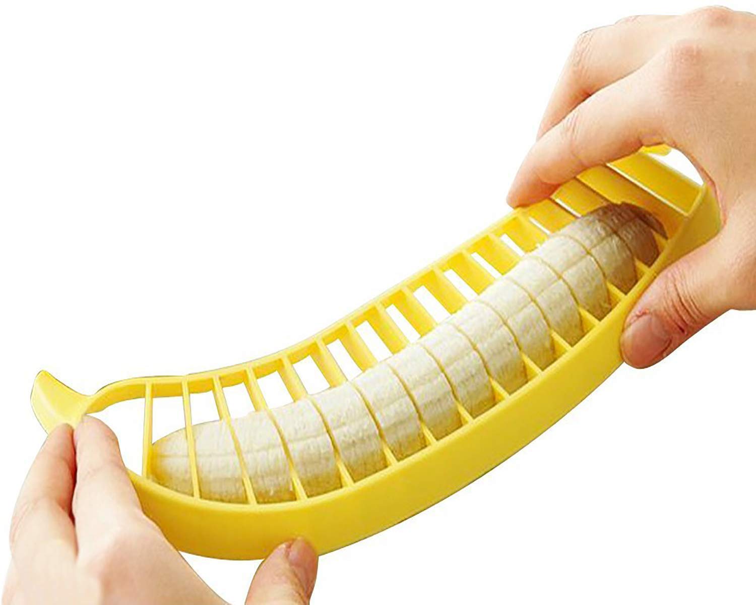 Giftock Banana Cutter - BPA Free Food Grade Plastic Banana Slicer for Kitchen Tools for Fruit Salad, Cutter for Cucumber, Sausage, Strawberry, Grapes(Standard Banana Size, Yellow)