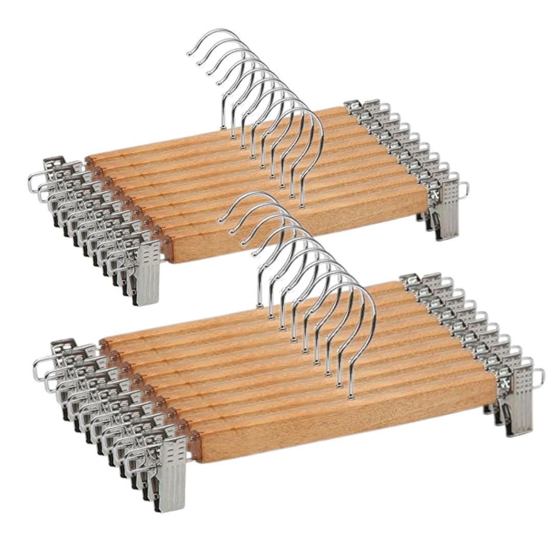 Giftock Wooden Clip Hanger Space-Saving Skirt Holders Central Heavy Closet, Pants and Shorts Hangers, Ridged Non-Slip with Pinch Clips, 360-Rotating Chrome Swivel Hook (Walnut, 1 Pc)