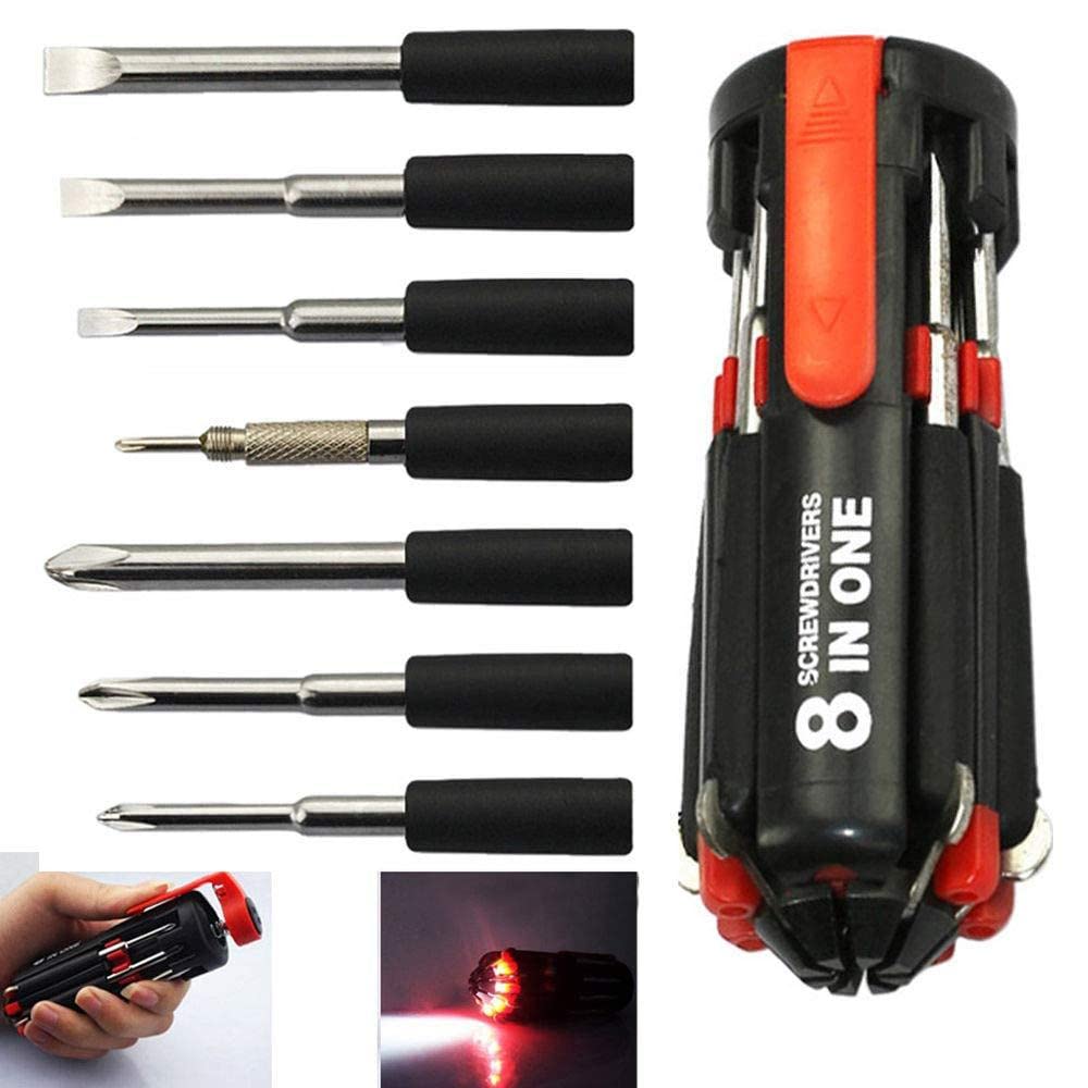 Giftock 8in1 Screwdriver Set with 6 LED Lights, Portable multifunctional 8-in-1 Screw driver tool set kit with torch and magnetic heads for Mobile, Laptop repairing & Household work.