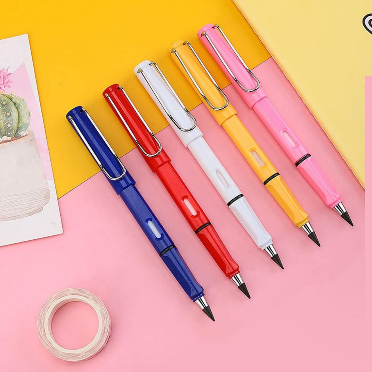 Giftock Reusable Everlasting Inkless Pencils - Portable Replaceable Graphite Nib Eternal Erasable Metal Writing Pens Triangular Golf Stationary Set (Pack of 2)