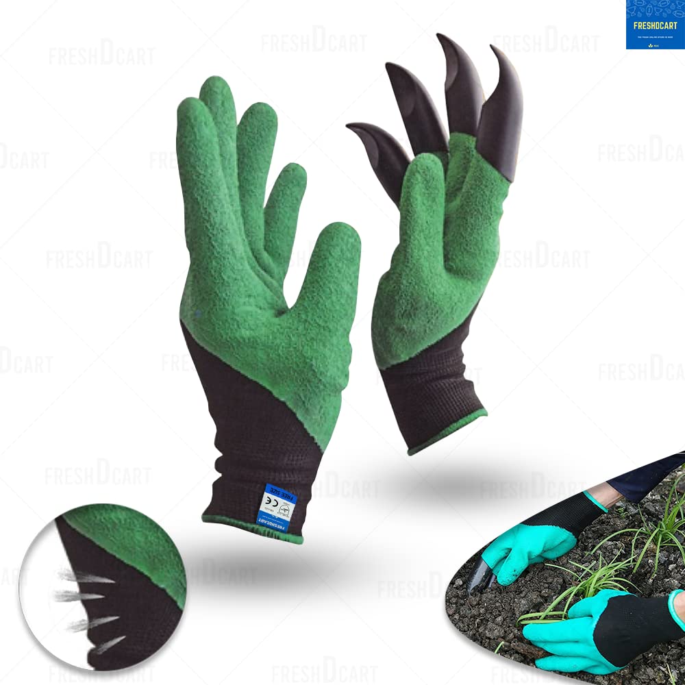 Giftock Heavy Duty Garden Farming Gloves Washable with Right Hand Fingertips ABS Claws for Digging and Gardening (Free Size, Green)(Acrylonitrile Butadiene Styrene, pack of)