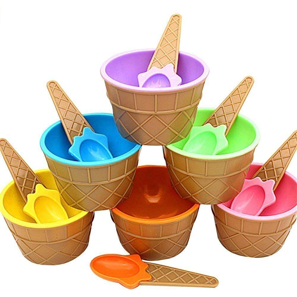Giftock 6 Pieces Ice Cream Bowl Colorful Ice Cream Cup with Spoons-Ice Cream Dessert Bowls Waffle Cup Set Maggie Bowl Salad Cup Fruit Bowl (Multicolour)