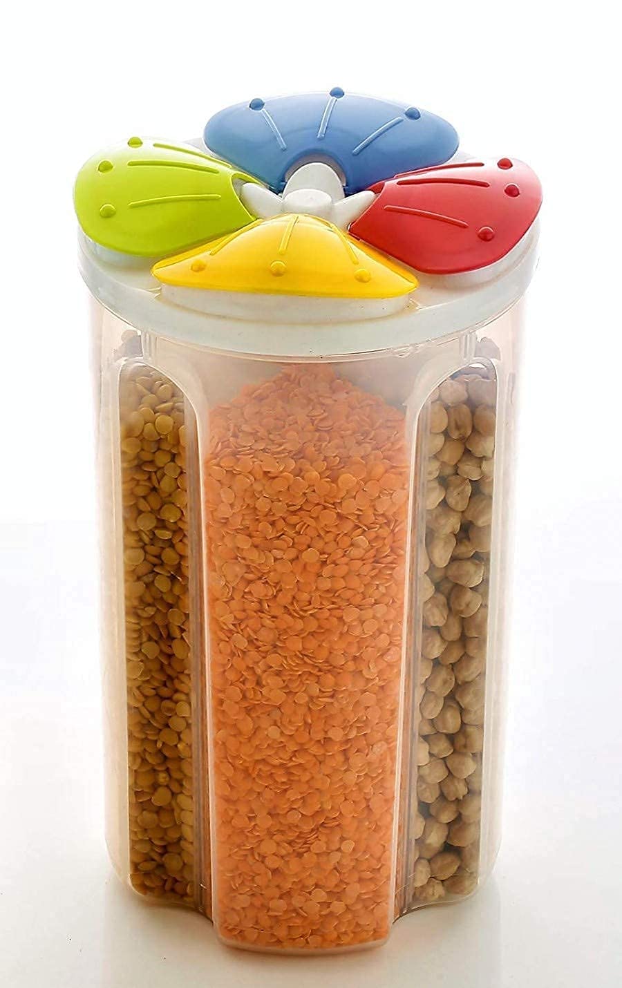 Giftock 4 Sections Flower Container Jar - 1 Pcs Plastic Grocery Container with Lid Box, Air Tight Transparent Easy Open Close Food, Grain, Cereal Dispenser Storage for Kitchen (2500ml, Multicolor)