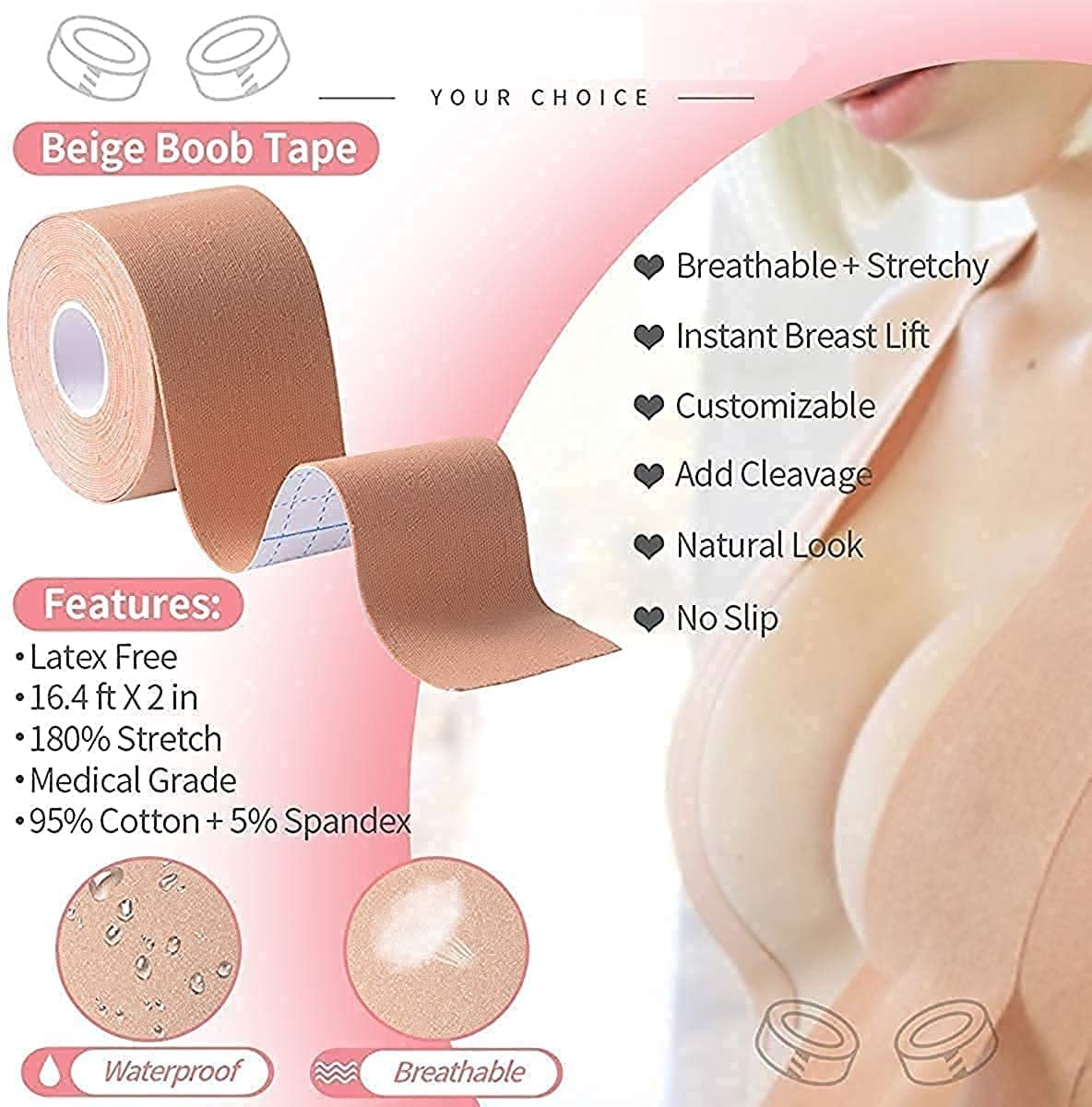 Giftock Boob Tape with 10 Nipple Pasties for Women Push Up & Lifting Breast Tape Breast Lift Bra Tape for Breast Lift Double Sided Tape (Boob Tape) Beige