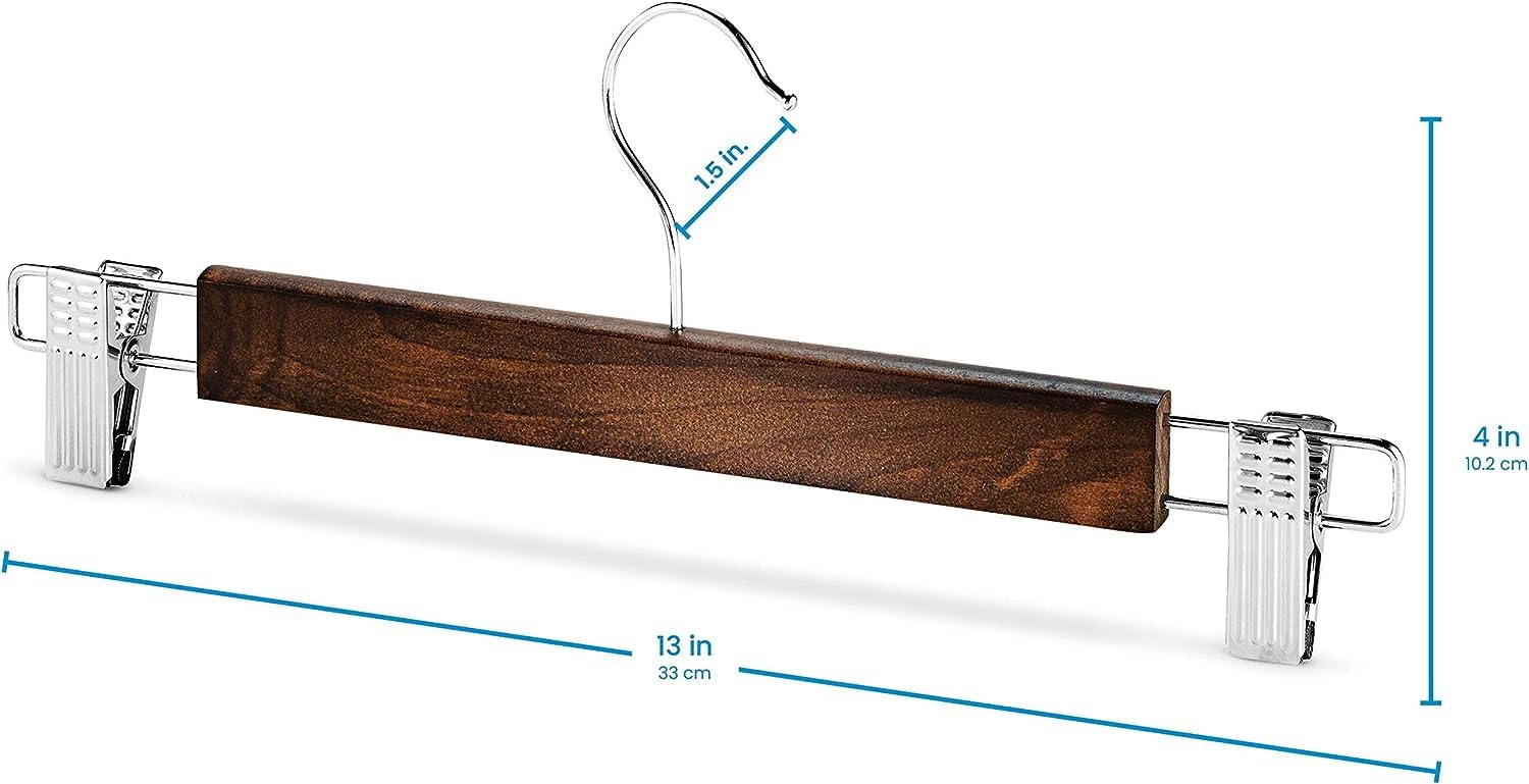 Giftock Wooden Clip Hanger Space-Saving Skirt Holders Central Heavy Closet, Pants and Shorts Hangers, Ridged Non-Slip with Pinch Clips, 360-Rotating Chrome Swivel Hook (Walnut, 1 Pc)