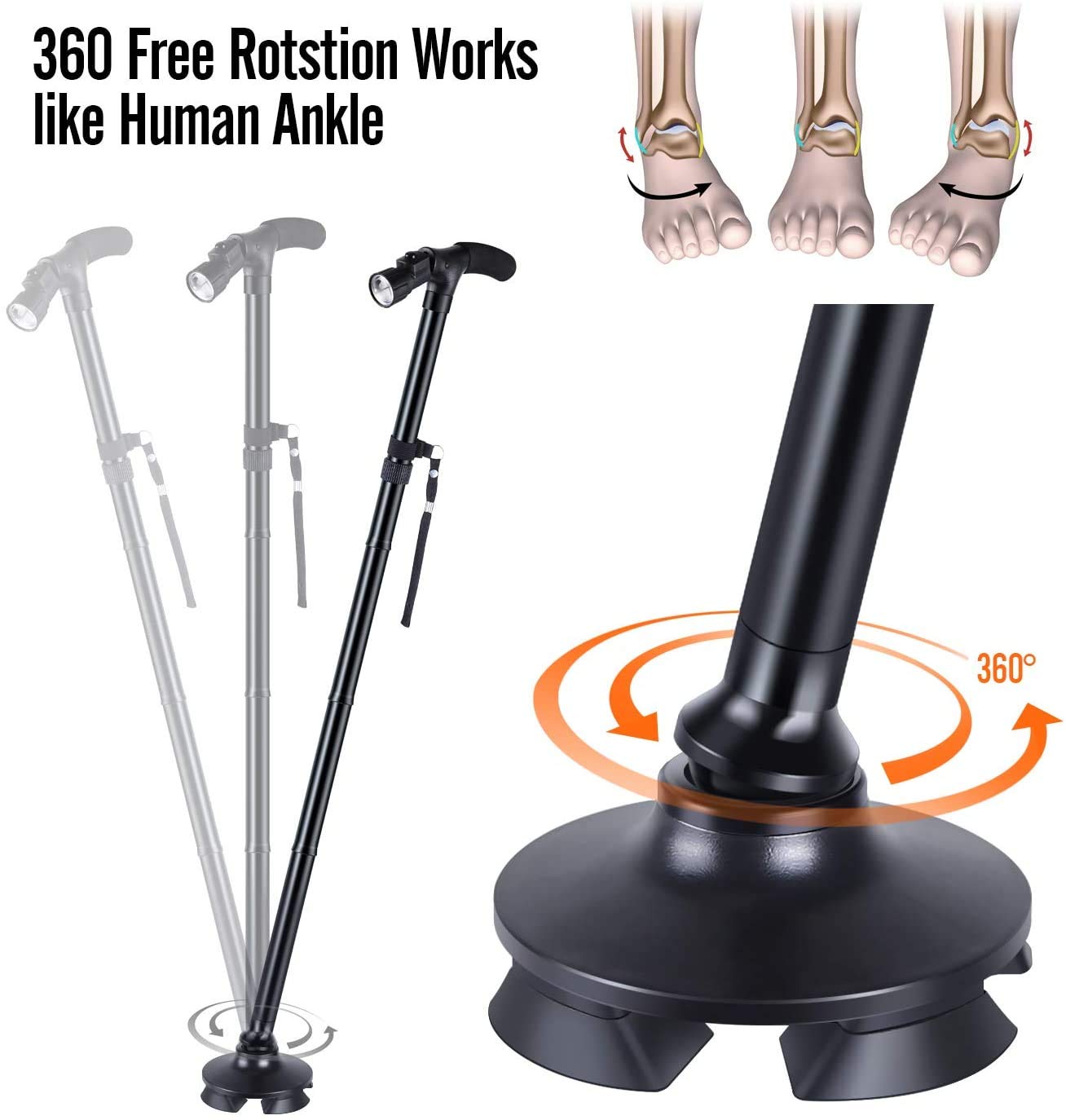 Giftock Folding Cane with Led Light- Non-Slip Grip Handle for Men & Women,Collapsible Walking Stick,Adjustable Walking Cane Base for Hiking Camping Black
