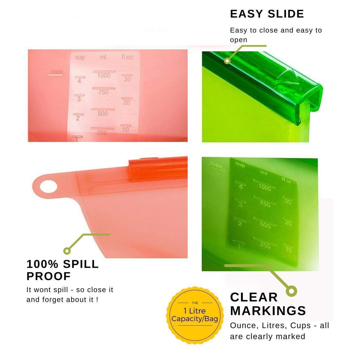 Giftock  Silicone Food Bag Reusable Seal Storage Container Silicone Food Preservation Bag Freezer Leak-Proof Cooking Ziplock Bags Blue 1000 ml (1 liter, 3 piece)
