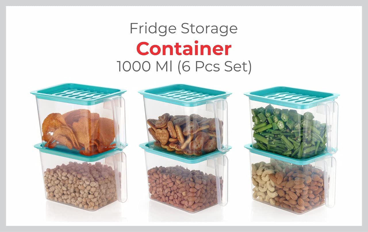 Giftock Multipurposes Fridge storage containers & jar Set Plastic Refrigerator Box with Handles and Unbreakable kitchen storage Vegetable, Food, Fruits Basket - 1000 ml (Pack of 6, Blue)