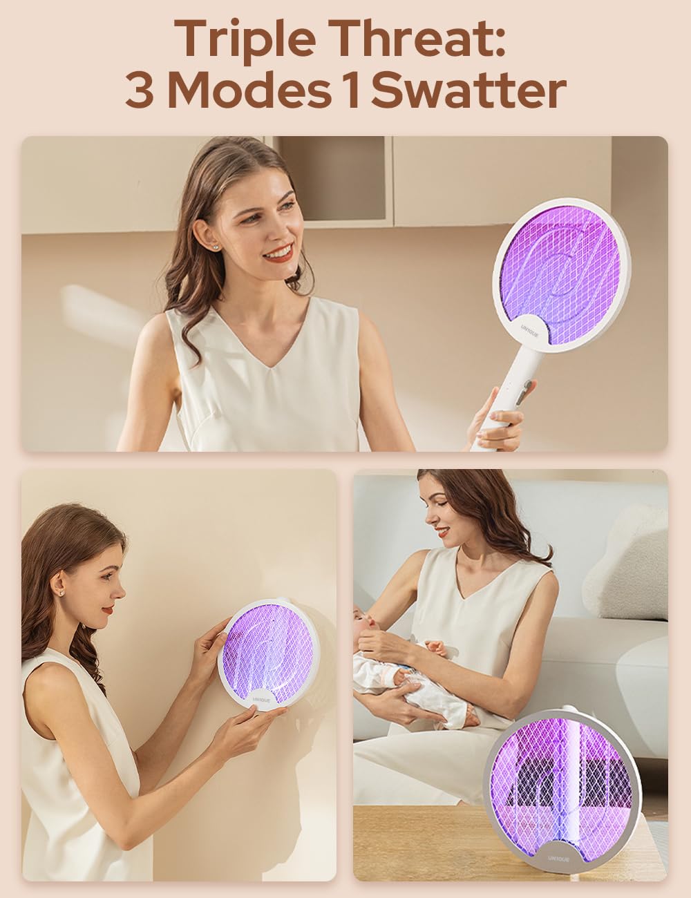 Giftock Foldable Swivel Mosquito Bat, 3 in 1 Mosquito Racket USB Rechargeable, Bug Zapper Electric Fly Swatter with UV Light Lamp, Hangable Mosquito Swatter Racket w/Long Lasting Lithium-ion Battery